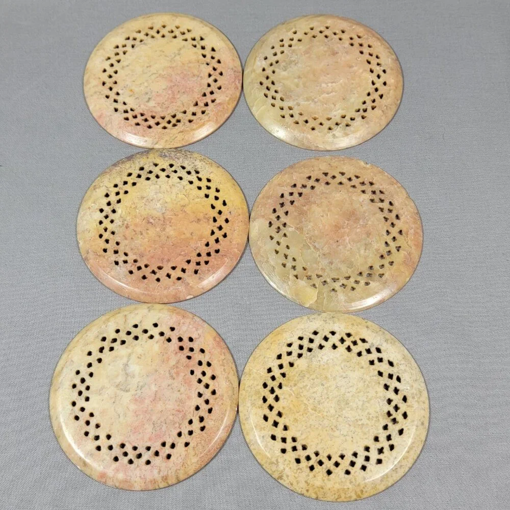 Vtg Stone Marble Coasters Hand Carved Jali Cut Flower Inlay Decorative Lot of 6